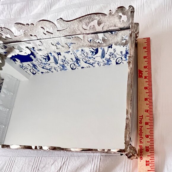 Footed Mirror Tray Silver Perfume Dresser Ornate Elegant 16" x 11" x 3.25" - Picture 9 of 15